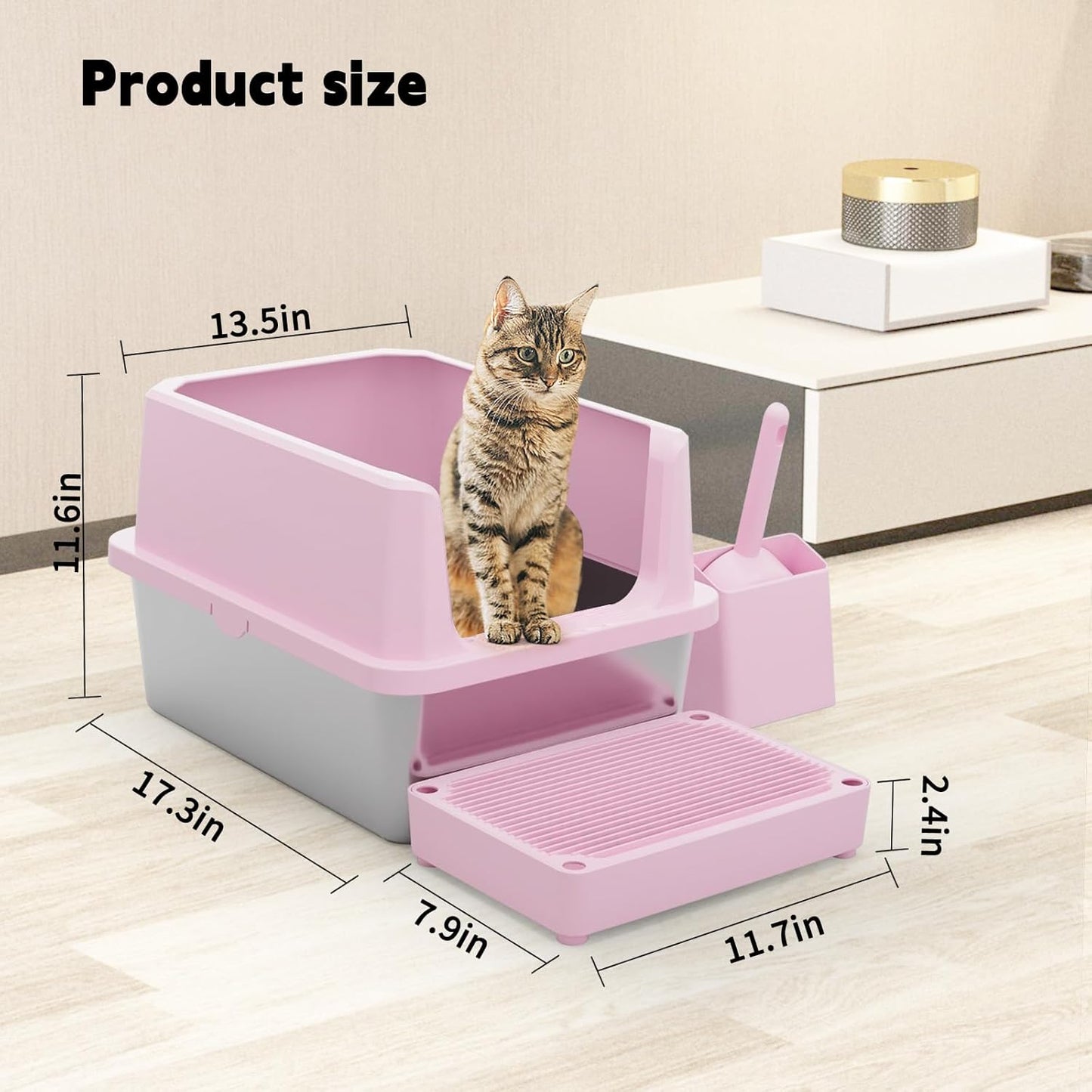 RIZZARI Pink Open-Top Cat Litter Box with Stainless Steel Pan - Extra-Large, Non-Porous & Easy Clean, High Sides Anti-Scatter, Includes Scoop, for Apartment Bathroom or Laundry Room