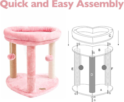 Cat Scratching Post Tree 3 in 1 Cat Tree Tower with Soft Bed, Heart Shape Scratch Posts with Two Hanging Ball Toys for Indoor Cats and Kittens Pink