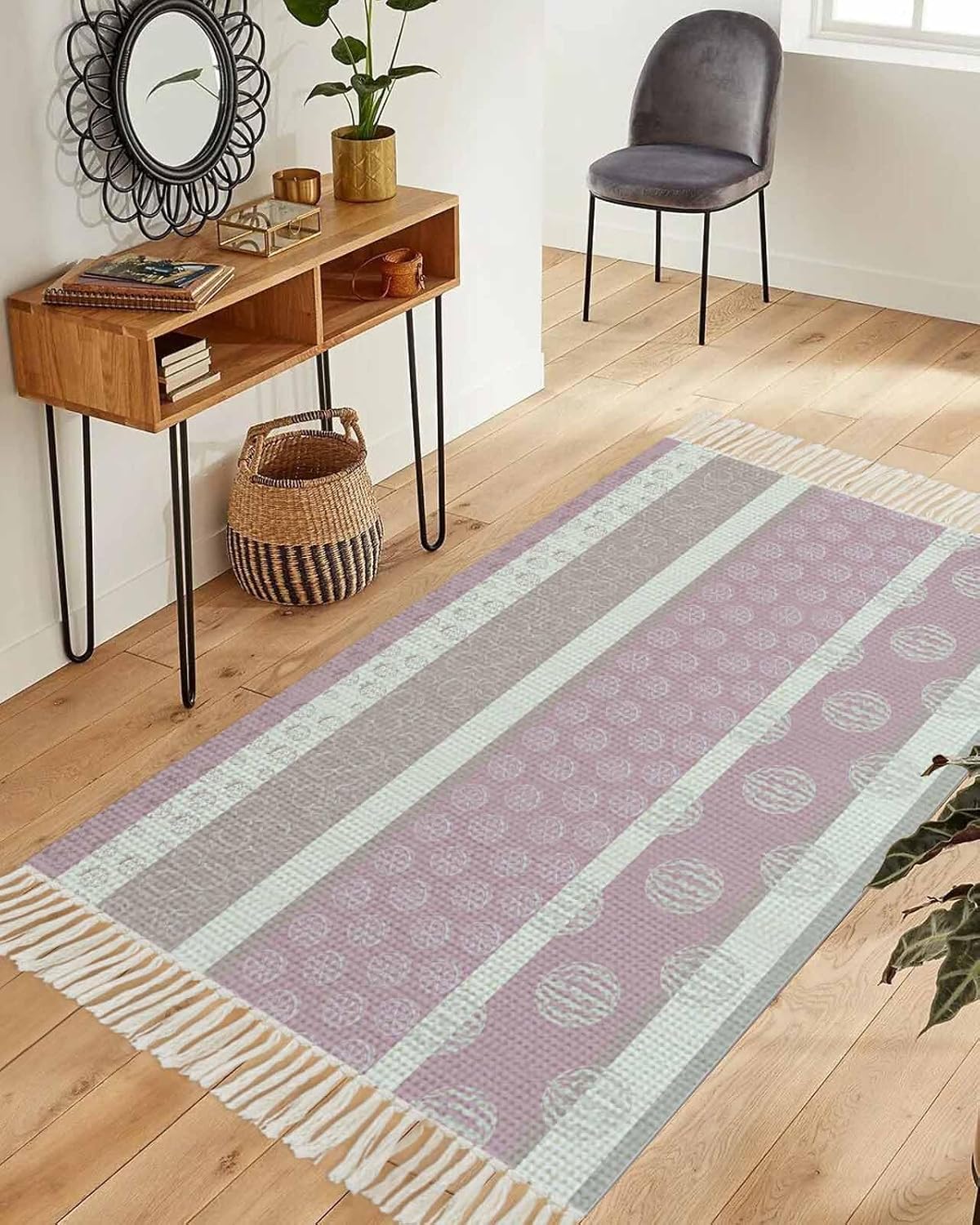Bedroom Rug 3'x 5', Farm Fruits Washable Floor Carpet with Tassels, Watermelon Lemons Peach Pink Grey Striped Elegant Soft Carpet Floor Mat for Patio, Balcony, Laundry, Room Decor