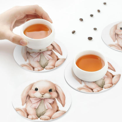 Watercolor Animal Light Pink Bunny Wearing Bow Drinks Coasters Set of 4 Leather Drink Coasters for Tabletop Protection Heat Resistant Bar Cup Mat Pad