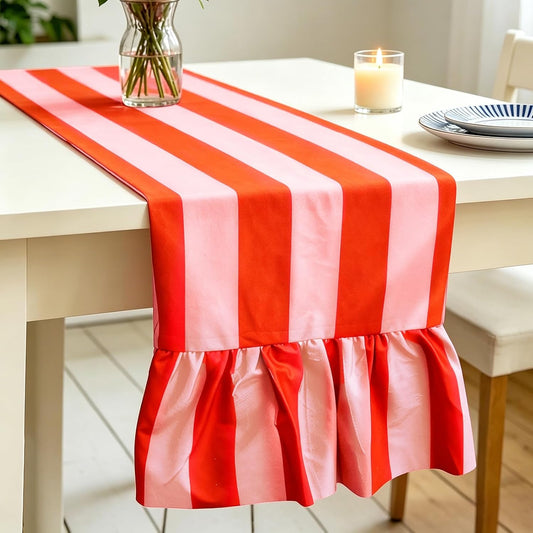 JarThenaAMCS Ruffle Table Runner Orange Pink Striped Rectangle Decorative Table Decoration for Farmhouse Home Kitchen Dining Baby Bridal Shower Wedding Party Decor, 13 x 72 Inch