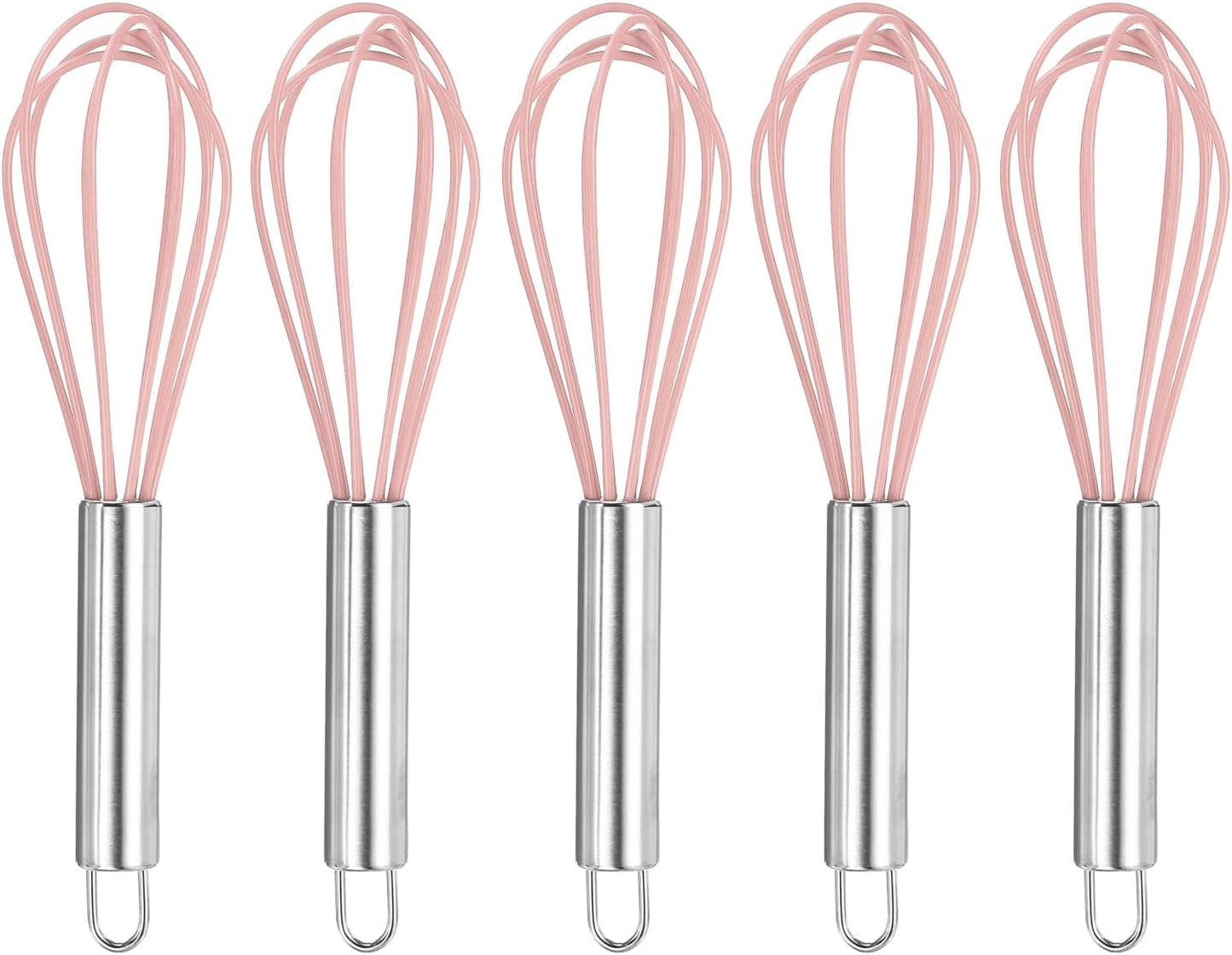HARFINGTON 5Pcs Silicone Whisk 8" Kitchen Whisk Wire Whisks Beater with Stainless Steel Handle for Egg Milk Whisking Blending Beating & Stirring, Pink