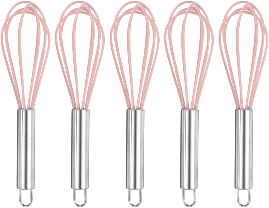 HARFINGTON 5Pcs Silicone Whisk 8" Kitchen Whisk Wire Whisks Beater with Stainless Steel Handle for Egg Milk Whisking Blending Beating & Stirring, Pink
