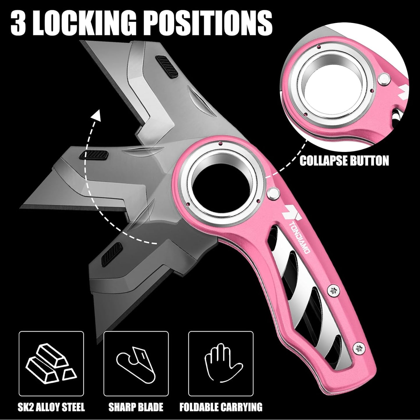 Tondiamo 2 Pcs Folding Pocket Utility Knife Heavy Duty Box Cutter Folding Razor Knife with Anti Slip Finger Loop Easy Change Blades 3 Lock Positions Design (Pink)