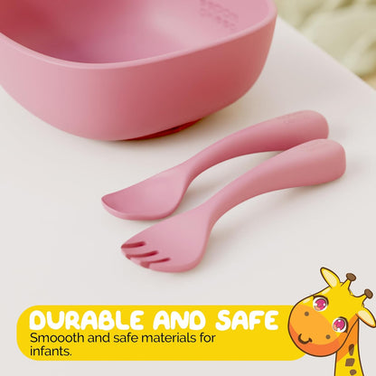 Silicone Baby Feeding Set for Infants with Baby Spoons Baby Forks and Suction Bowls for Baby in Pink Color - (3 Piece Set) Baby Eating Eating Essentials in Safe Silicone