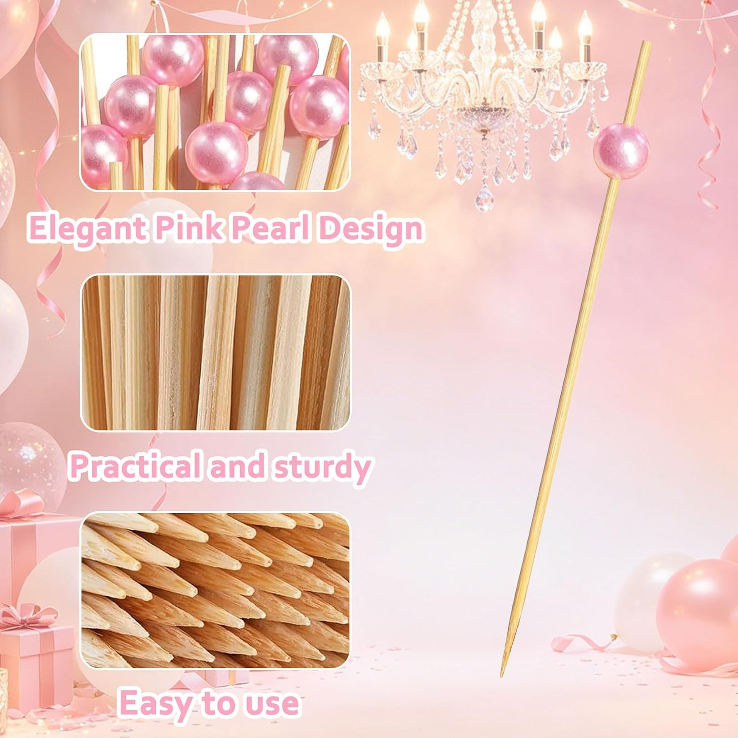 200 PCS Pink Pearl Cocktail Picks,Toothpicks for Appetizers,4.7 Inch Long Decorative Bamboo Toothpicks, Fancy Cocktail Skewers for Sandwich,Wedding Party Food Picks, Charcuterie Boards Accessories