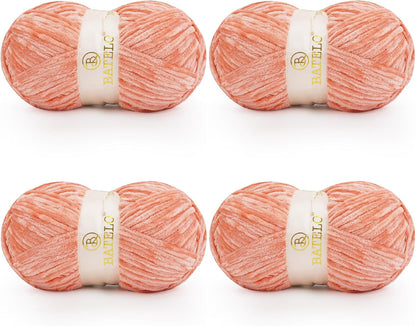 Velvet Chenille Yarn for Crocheting & Knitting 1440 Yards, Soft Thick Fluffy Bulky Blanket Yarn, 4 Pack of 10.5oz (Salmon Pink)