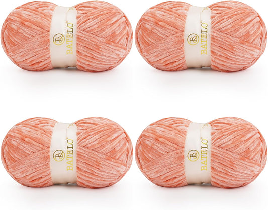 Velvet Chenille Yarn for Crocheting & Knitting 1440 Yards, Soft Thick Fluffy Bulky Blanket Yarn, 4 Pack of 10.5oz (Salmon Pink)