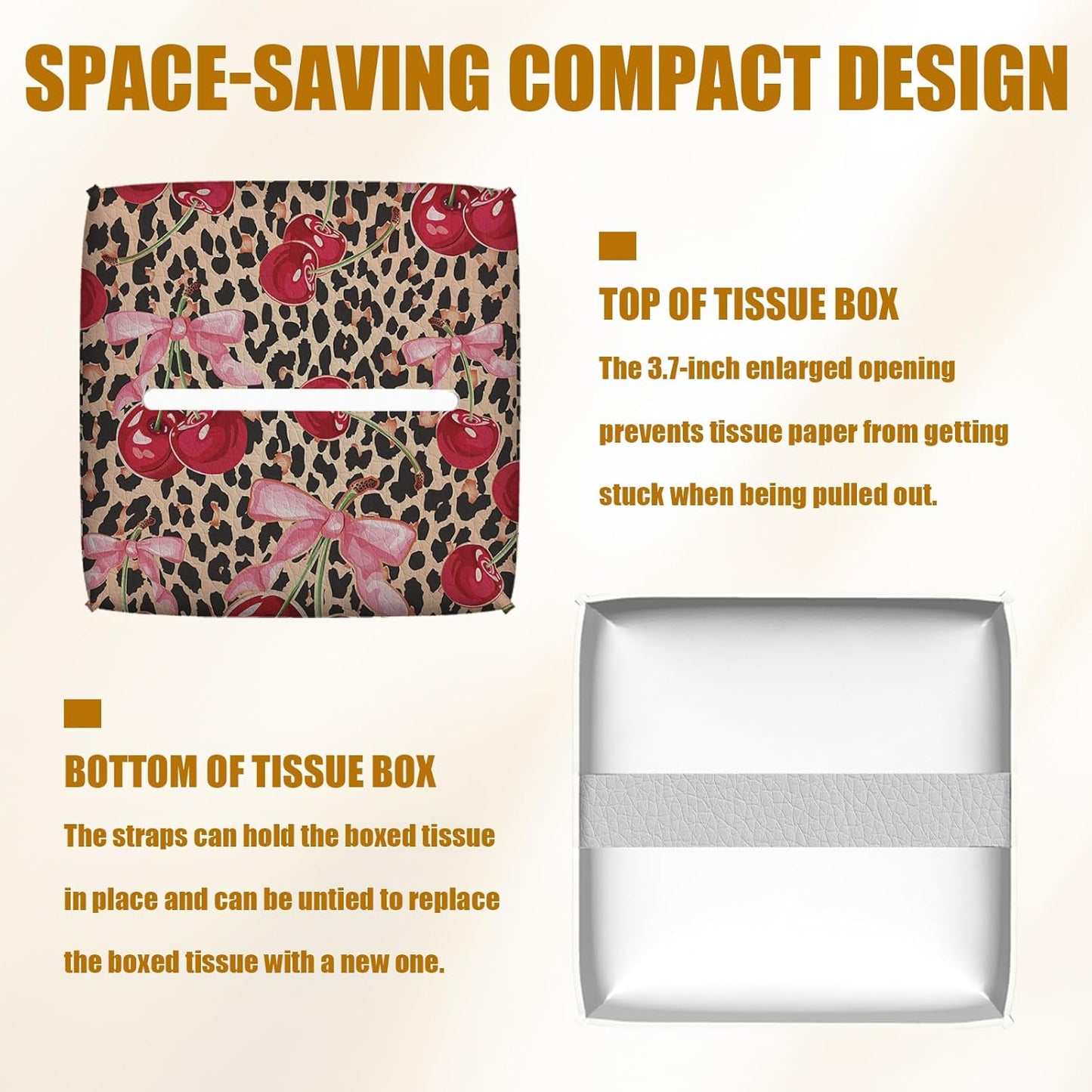 Pink Cherry Bow Tissue Box Cover 2PCS, Leopard Leather Tissue Box Holder Square Facial Paper Case Tissue Box Cube Organizer for Bathroom Bedroom Desk Office