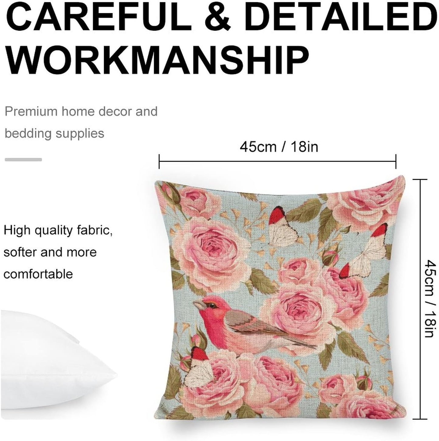 Linen Pillow Case Blue Pink Rose Bird Pattern 18x18 Inch Double Sided Decorative Cushion Cover for Sofa Bed Chair Car
