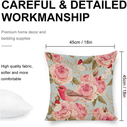 Linen Pillow Case Blue Pink Rose Bird Pattern 18x18 Inch Double Sided Decorative Cushion Cover for Sofa Bed Chair Car