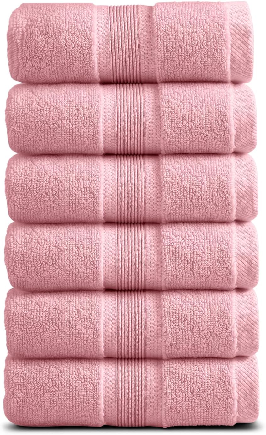 Springtree Home Luxury Bamboo Rayon Hand Towel Set of 6 | 35% Bamboo Rayon - 65% Zero Twist Cotton, Ultra Soft, Highly Absorbent, Oeko-TEX Standard 100 Certified | Luxury Bathroom Towels| Pink Shadow