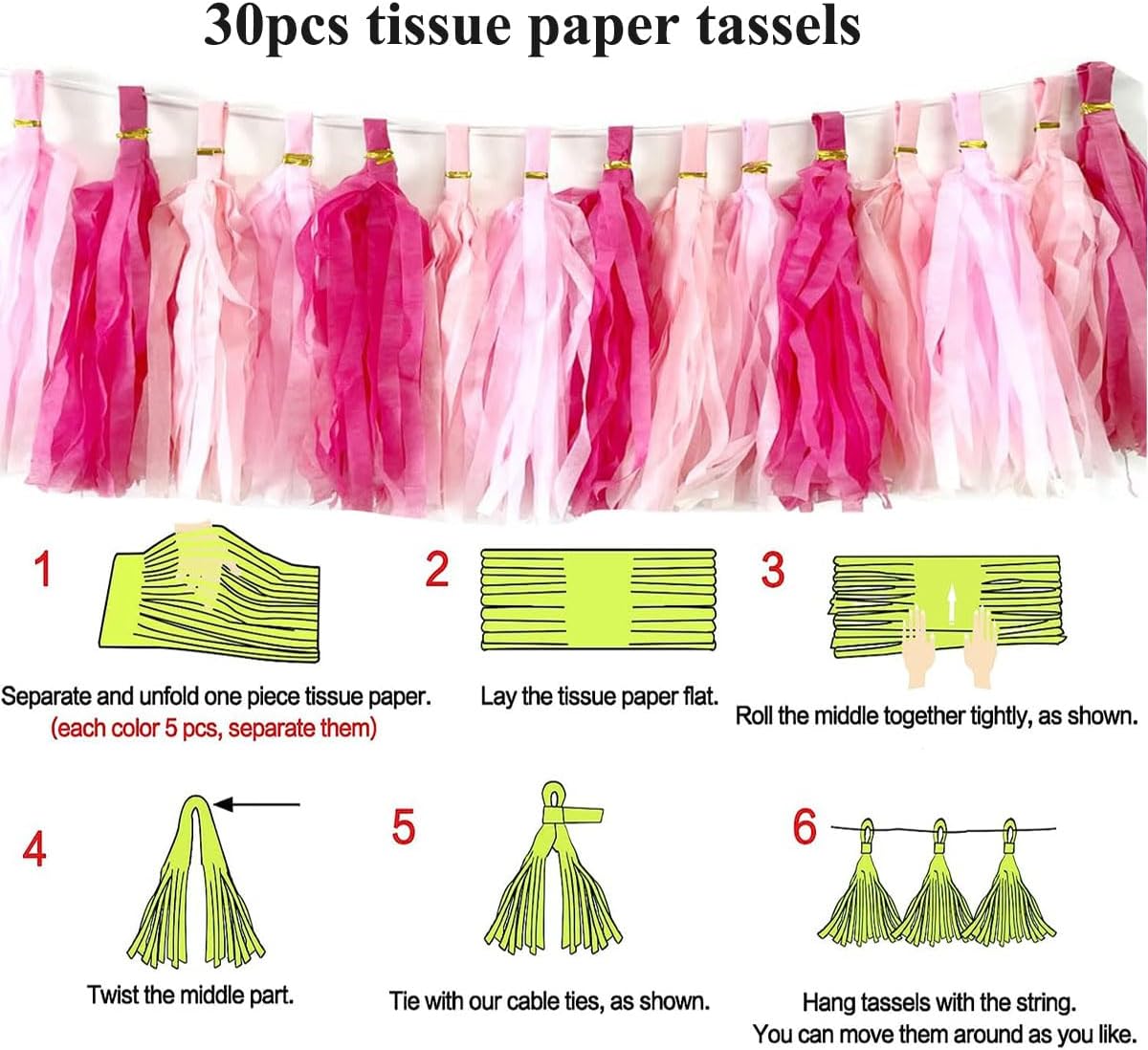 30pcs Hot Pink Tissue Paper Tassels DIY Hanging Decor - Pink Kit