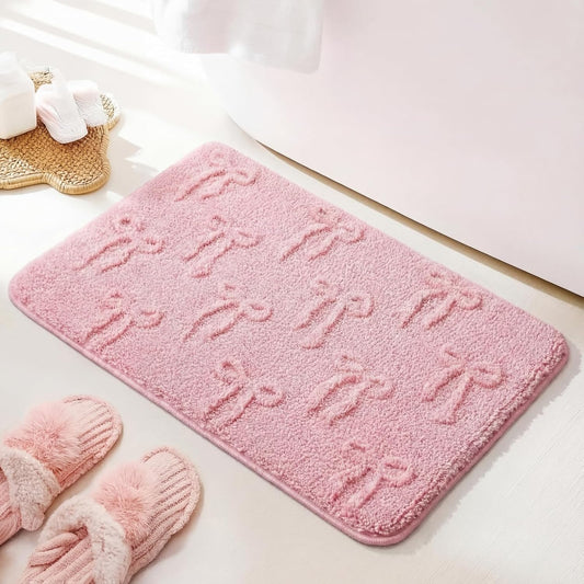 Lyrow Bow Bath Mat for Bathroom, 20"x32" Cute Preppy 3D Bow Rugs Extra Soft and Absorbent Microfiber Bath Rug, Non-Slip TPR Back, Washable Plush Shaggy Rugs for Floor Shower Bedroom Sink(Pink)