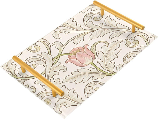 Vintage Pink Tulips William Morris Pattern Decorative Cafeteria Tray with Handles Tray for Coffee Table for Jewelry Perfume for Farmhouse Serving bandejas para servir comida en la cama