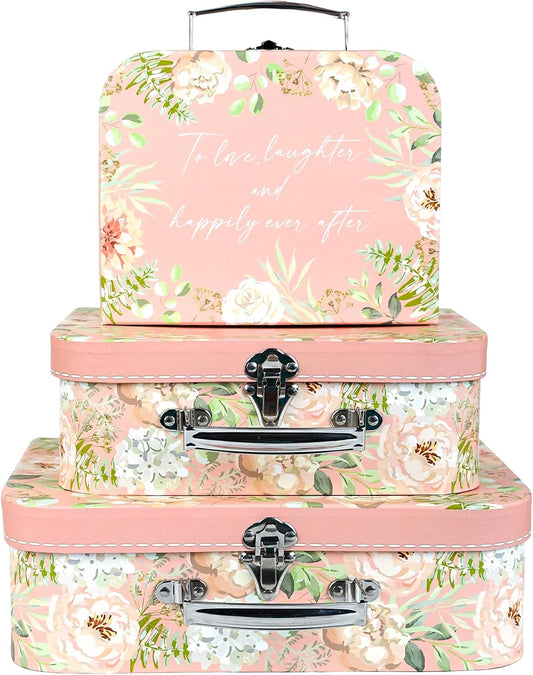 Paperboard Suitcases Set of 3 Decorative Storage Boxes With Lids,Gift Boxes Compatible with Presents,Photos,Toys,Wedding,Birthday,Anniversary,Vintage Suitcases Home Decoration (Pink)