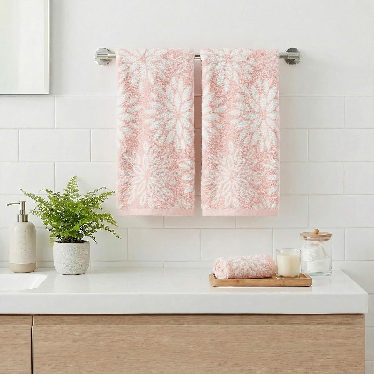 Artoid Mode 2 Pcs Beige Pink Dahlia Floral Jacquard Hand Towels for Bathroom, 100% Cotton Soft Absorbent Bathroom Decor Towels, 13.7 x 29.5 Inch