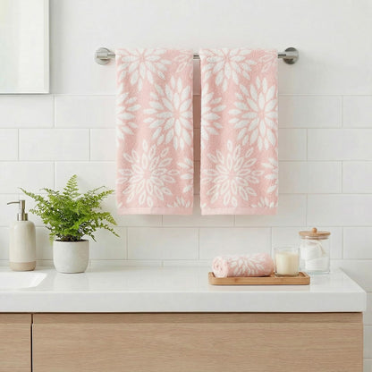 Artoid Mode 2 Pcs Beige Pink Dahlia Floral Jacquard Hand Towels for Bathroom, 100% Cotton Soft Absorbent Bathroom Decor Towels, 13.7 x 29.5 Inch