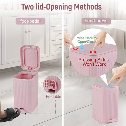 rejomiik Small Bathroom Trash Can with Lid 1.9 Gallon Step Trash Can Slim Garbage Can with Soft-Close Waste Bin for Bathroom, Bedroom, Office, Dorm, RV, Pink