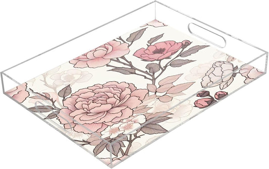 Vintage Pink Floral Serving Tray Acrylic Decorative Trays 16" x 12" Serving Platter with Handles for Coffee Table, Dessert Party, Bathroom Vanity Countertop