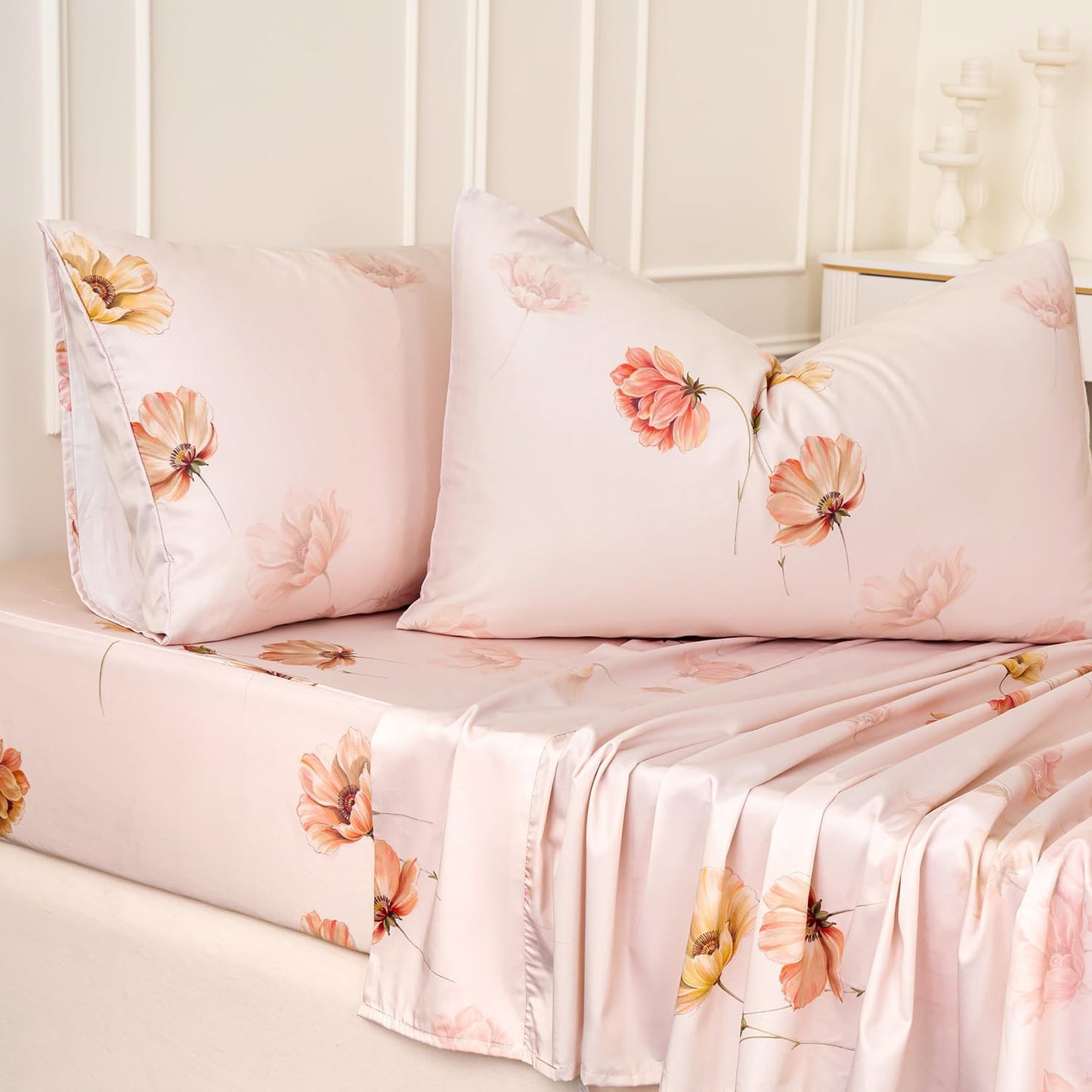 Blush Pink Floral Bed Sheets 100% Cotton King Size Sheet Set Satin Weave 4Pcs, Apricot Peach Flower Printed Bed Set with Deep Pocket 17.5", Soft Breathable & Crisp, Luxury French Country