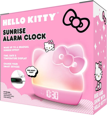 Hello Kitty Sunrise Alarm Clock with Color-Changing RGB LED Night Light – Ambient Lighting, Time/Date/Temperature Display, USB Powered w/Device Charging, Pink