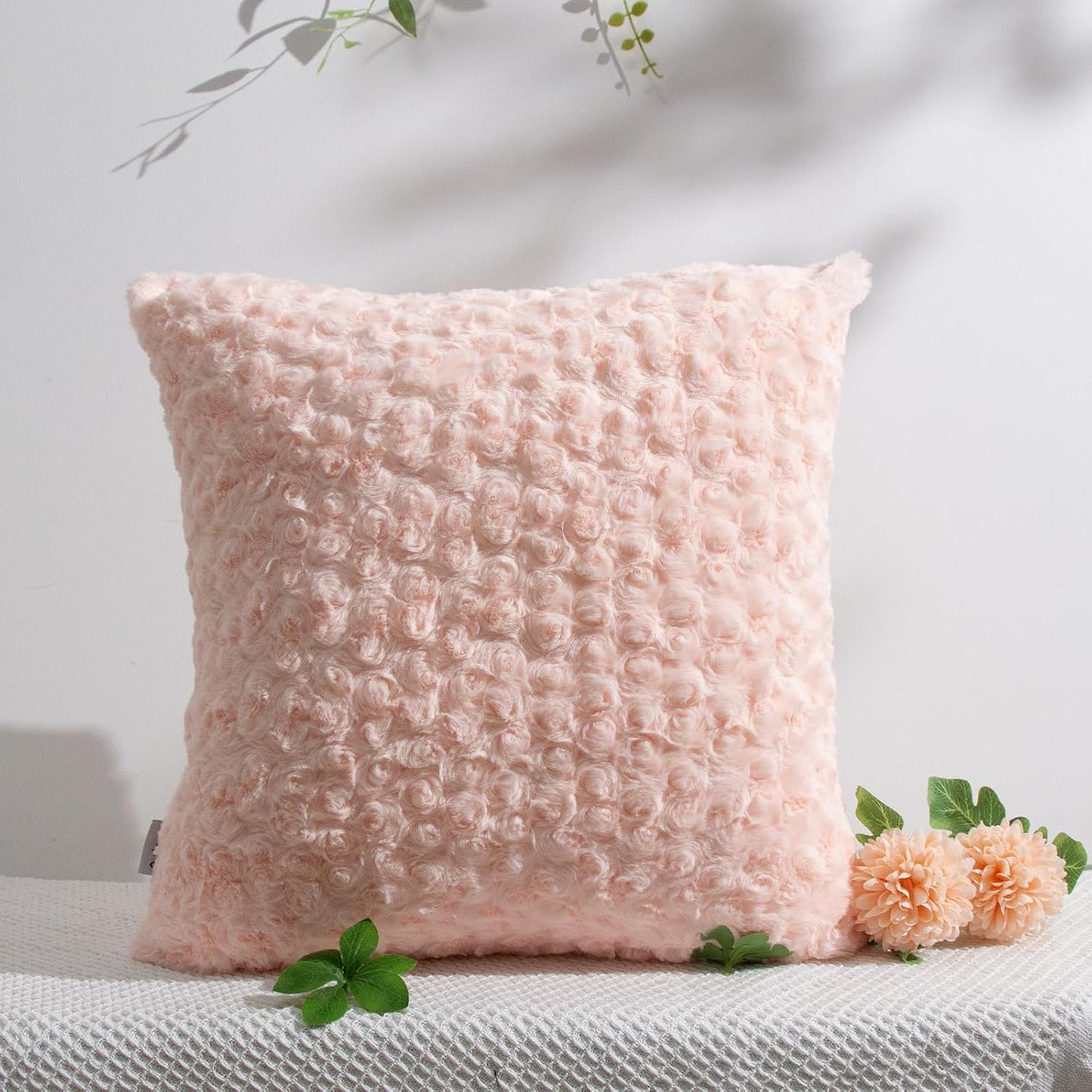 Peach Pink Square Throw Pillow with Insert – 18"x18" Decorative Cushion – 600g Faux Rabbit Fur + Plush 6D PP Cotton – Cozy & Elegant Accent for Bed, Sofa, Chair