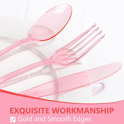 150PCS Pink Plastic Silverware - Heavy Duty Elegant Disposable Utensils - Vintage Baroque Cutlery Set Disposable Includes 50Forks, 50Spoons, 50Knives for Dinner Party Wedding