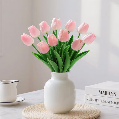 20 Pcs Pink Tulips Artificial Flowers 13" Fake Pink Tulips Real Touch PU Faux Tulip Bouquet for Mother's Day Floral Arrangement Home Kitchen Table Wedding Decorations