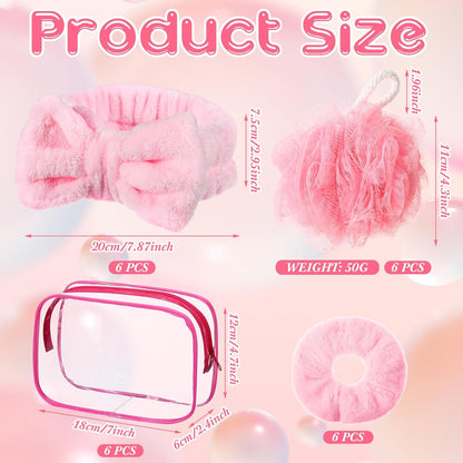 Moucuny 24 Pieces Spa Sleepover Party Supplies 6 Pink Spa Headband 6 Shower Loofahs 6 Pink Velvet Scrunchies 6 Cosmetic Bags for Slumber Sleepover Birthday Party Favors Gift