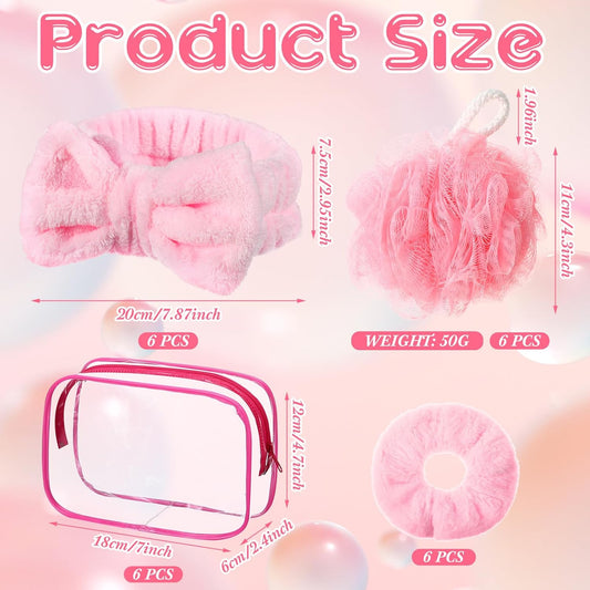Moucuny 24 Pieces Spa Sleepover Party Supplies 6 Pink Spa Headband 6 Shower Loofahs 6 Pink Velvet Scrunchies 6 Cosmetic Bags for Slumber Sleepover Birthday Party Favors Gift