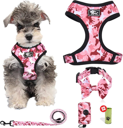 Dog Harness and Leash Set for Small Dogs, Adjustable Reflective No Pull Dog Vest Harness for Puppy with Bow-tie Collar, Leash and Poop Bag (L, Pink Camouflage)