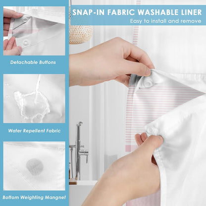 No Hook Pink Shower Curtain with Snap in Fabric Liner Set, Striped Modern Double Layers Waterproof Fabric with See Through Top Window Open Grommet Bath Curtain 71x74 Inch