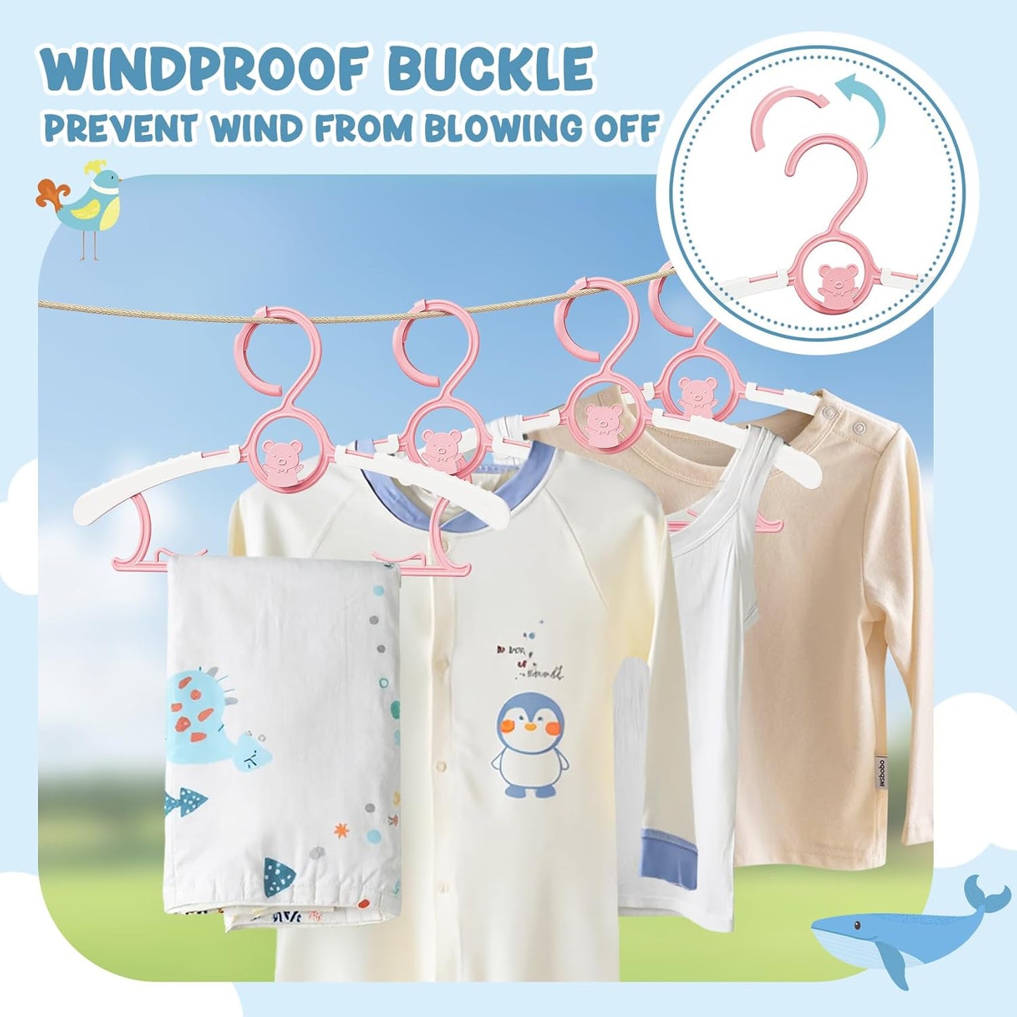 30 Pack Kids Hangers for Nursery Closet, Adjustable Non-Slip Toddler Baby Hangers with Windproof Buckle, 11-14" Infant Child Plastic Clothes Pant Hanger for Boys Girls Newborn Adult, Pink