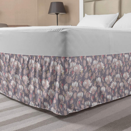 Lunarable Peonies Bedskirt, Pastel Vintage Blooms Pattern Meadow Field Blooms Old Fashioned Flower, Bedroom Decor Wrap Around Elastic Bed Skirt Gathered Design, Queen, Grey Pink Pale Peach
