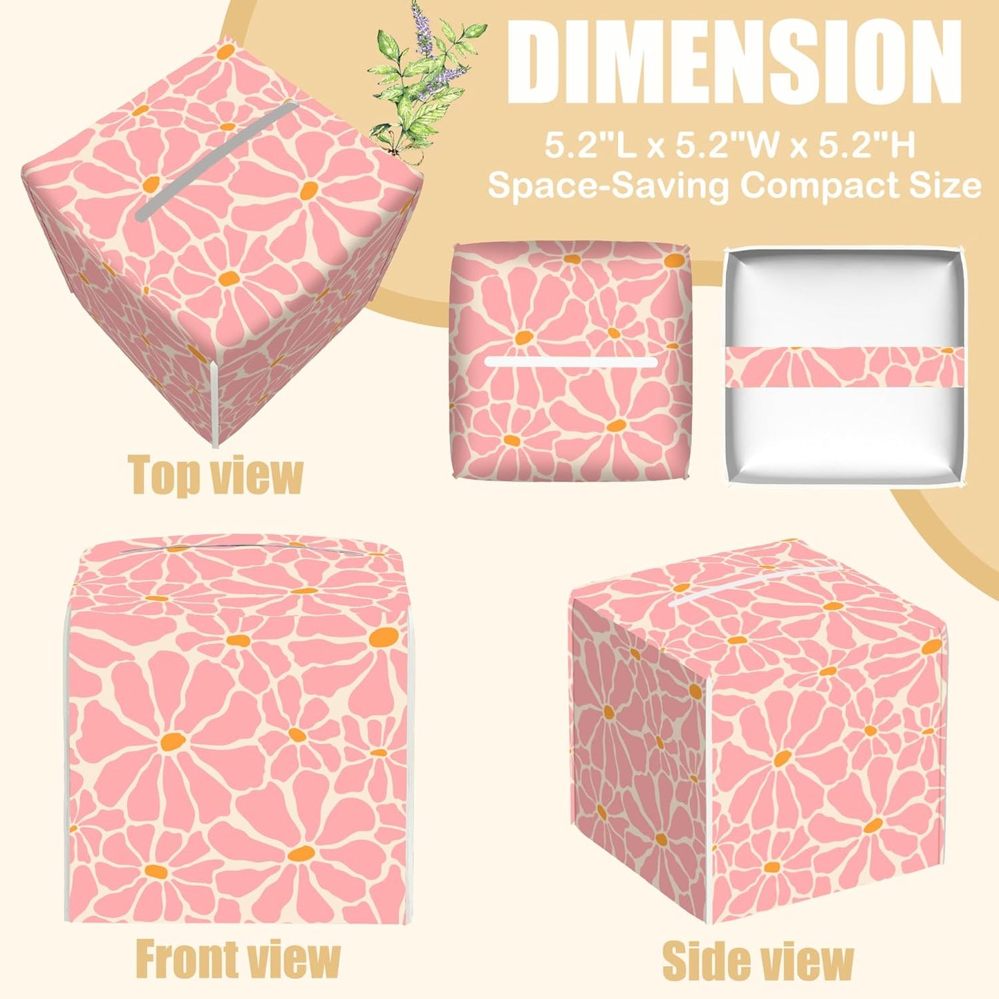 Pink Retro Groovy Flower Tissue Box Cover Square, Tissue Box Holder with Bottom Belt Leather Facial Paper Organizer Dispenser for Bathroom Bedroom Dresser Night Stand Tabletop