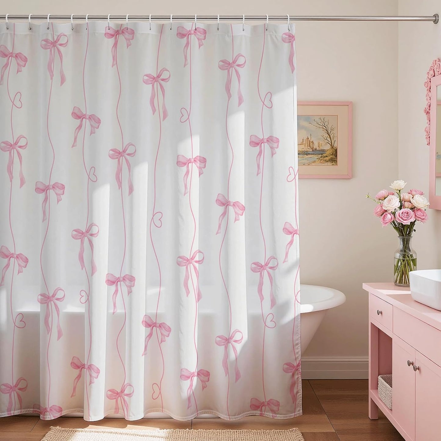 Mocsicka Pink Bow Shower Curtain for Bathroom, Coquette Cute Shower Curtain for Girls Women Waterproof Fabric Bow Bathroom Decor Bath Curtain with 12 Hooks, 72 X 72 Inch