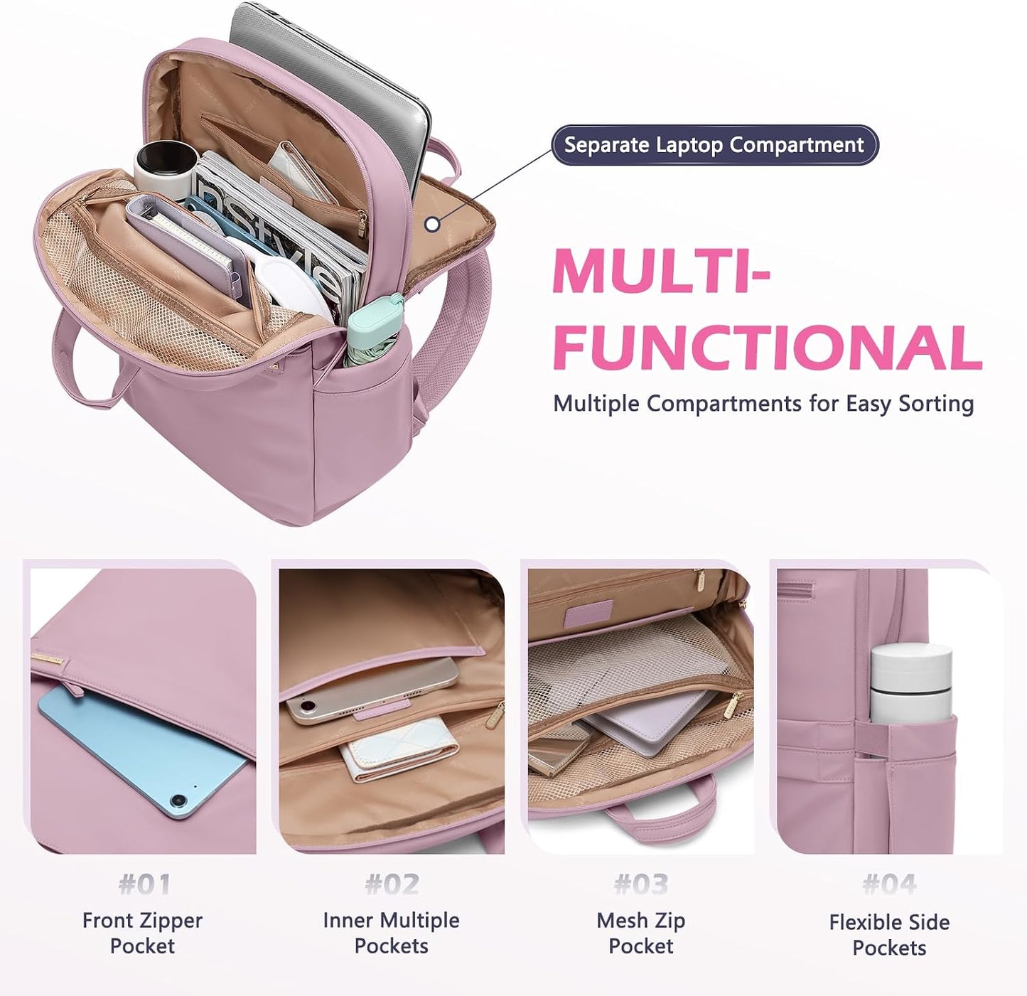 Slim Laptop Backpack for Women, Lightweight Business Backpack for Women Computer Bag Purse for Commuting, Fit 14Inch, Pink Purple