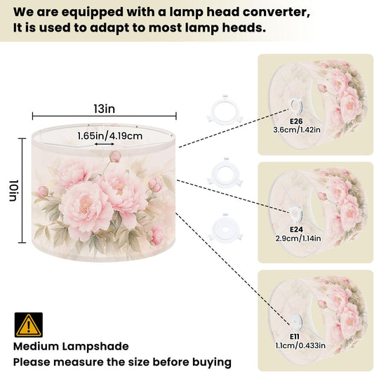 Drum Lamp Shades 1 Pack Easy Assembly Required, 13’’ W x 10’’ H Soft Pastel Peonies Floral Blush Pink Flowers Vintage Replacement Linen Lamp Shade for Table Lamps Floor Lamps