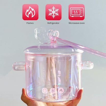 Heat Resistant Glass Pot, Clear Glassware Glass Pot, Glass Saucepan with Lid for Cooking Milk Pasta Soup, 1.9L, Borosilicate Glass, Translucent Pink