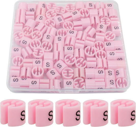 100Pcs Pink Clothes Hanger Marker Clothing Colored Tag Buckle, Plastic Garment Size Markers for Clothing Hangers, S Size Tags