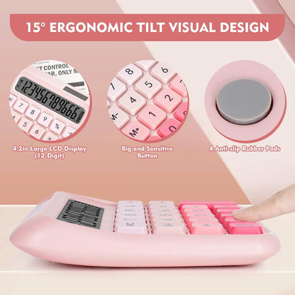 Mechanical Switch Calculator, Desktop Calculators, Pink Calculators Big Buttons, 12-Digits Large LCD Display, Solar & Battery Dual Power, Desk Calculator for Office Home School Basic Business