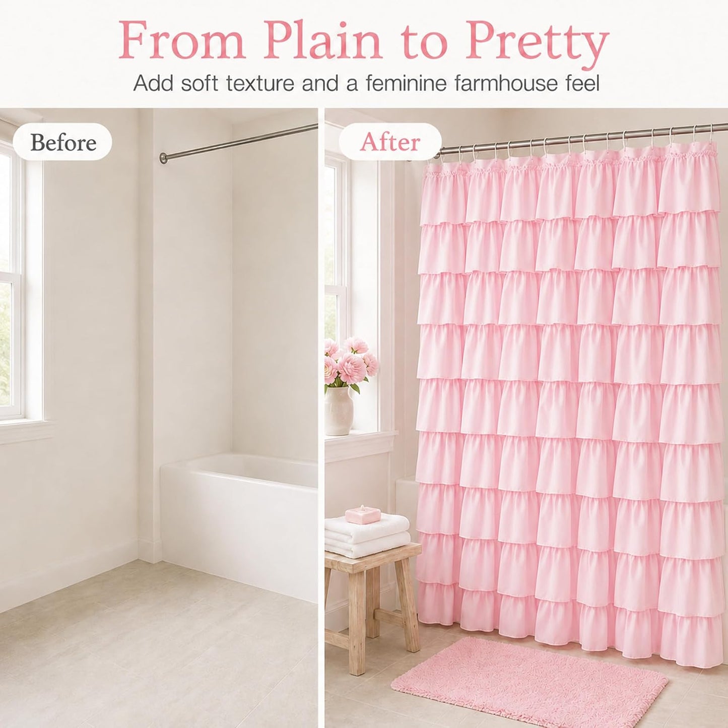 Pink Ruffle Shower Curtain - Farmhouse Ruffled Fabric for Bathroom 72 inches x 72 inch