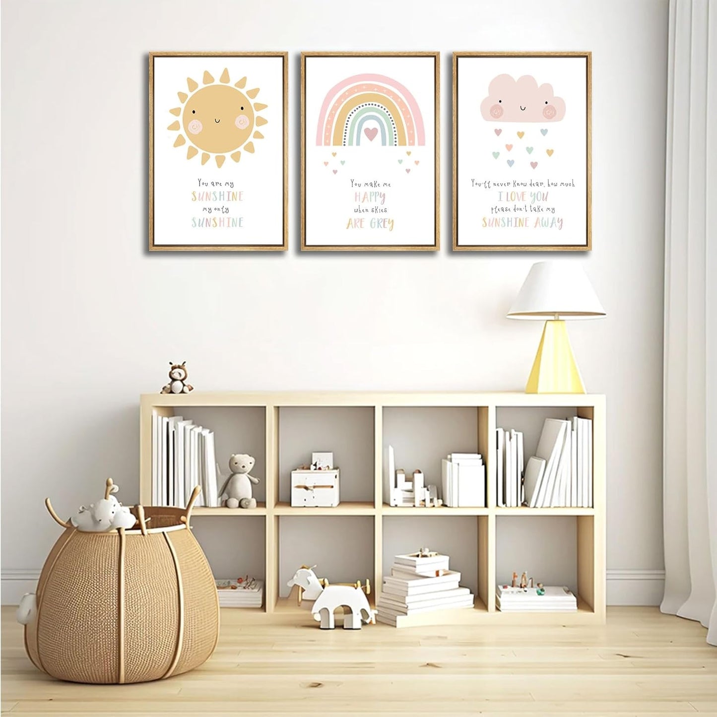 3pcs Pink Nursery Canvas Wall Art Cute Sun Rainbowdark Clouds Posters Prints Kids Bedroom Baby Girls Toddler Pastel Wall Decor Pictures for Classroom School Nursery Decoration Unframed