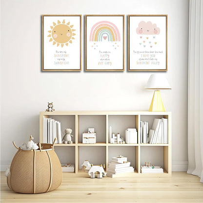 3pcs Pink Nursery Canvas Wall Art Cute Sun Rainbowdark Clouds Posters Prints Kids Bedroom Baby Girls Toddler Pastel Wall Decor Pictures for Classroom School Nursery Decoration Unframed