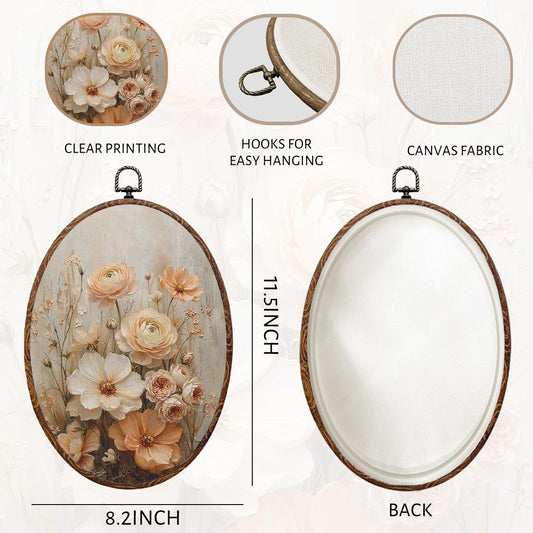Vintage Neutral Floral Oval Wall Decor, Beige Peach Flower Canvas Wall Art, Rustic Cottagecore Botanical Farmhouse Framed Prints Hanging Decor Artwork for Home Bedroom Bathroom Living Room 8.3X12
