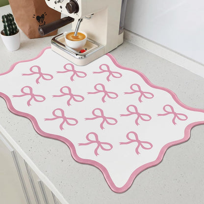 Drydiet Pink Bow Coffee Mat 12" x 19" Scalloped Bow Coffee Bar Mats Pink Dish Drying Pad for Kitchen Counter Coquette Kitchen Absorbent Dish Pad Cute Bar Countertop Accessories Decor