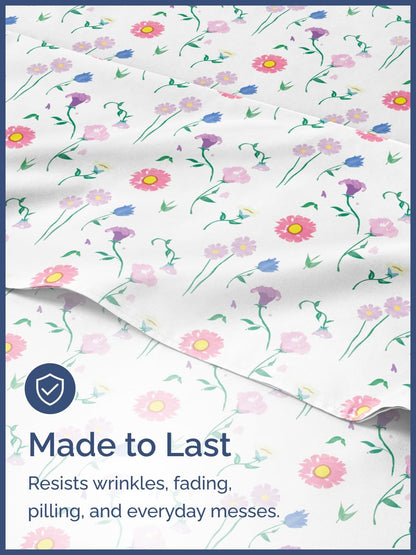 Kids Full Size Bed Sheet Set - 4 Piece Kids Loft Bed Sheets - Floral Flower Themed Bedding - Soft, Cute - Breathable and Machine Washable - Pretty Pink Flower Bed Set for Boys, Girls, Teens & Toddlers