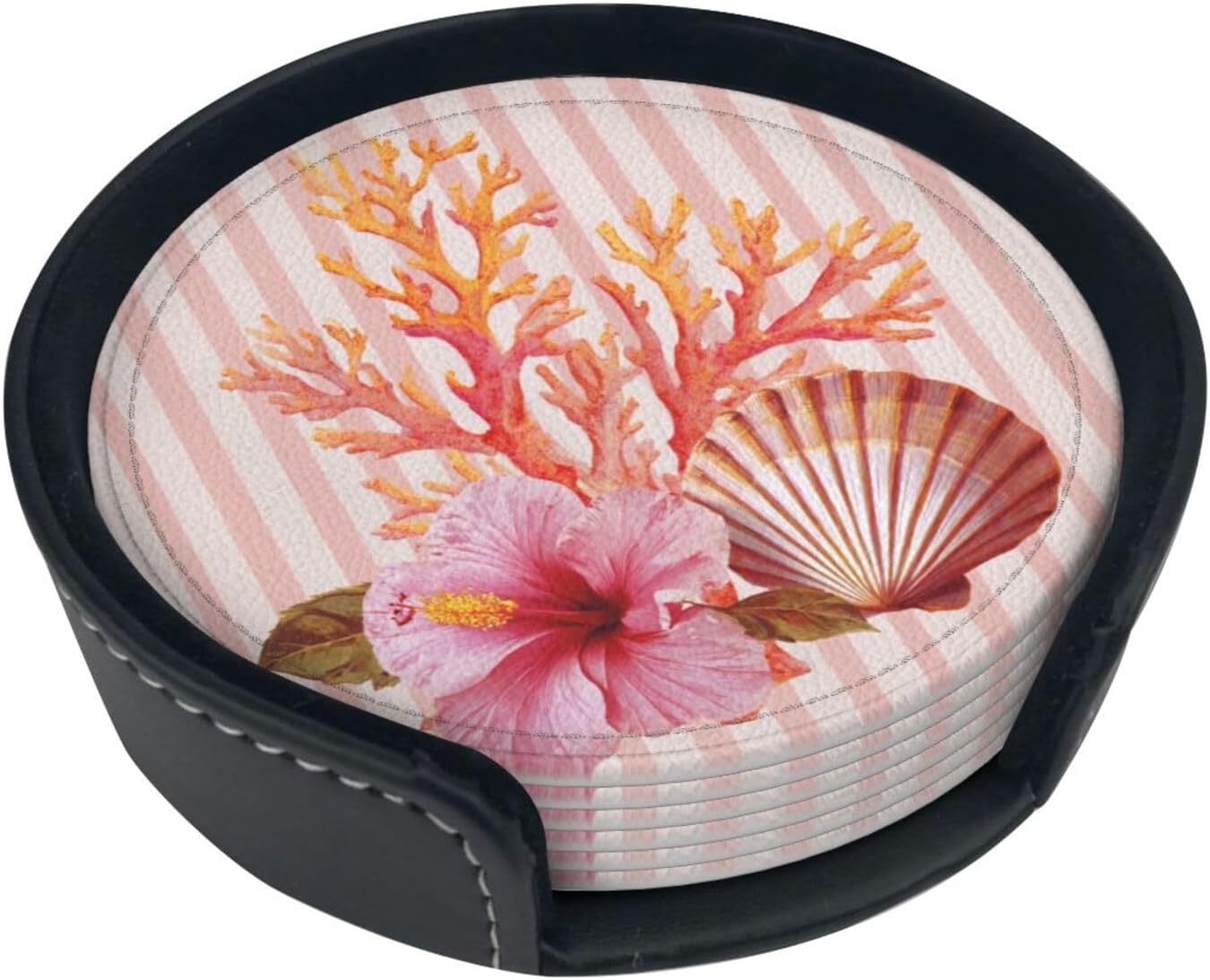 Light Pink Scallop Shell Hibiscus Flower Premium Leather Coasters, Set of 6 with Holder, Stylish Beverage Coasters for Kitchen Coffee Bar