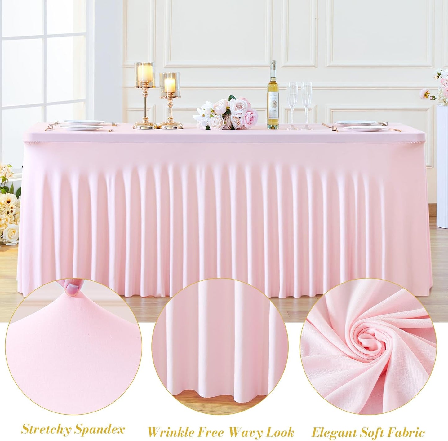 2 Pack Pink Table Cloth for 6 Foot Rectangle Tables Spandex Fitted Tablecloth 6ft Stretch Table Covers Skirt Pink Banquet Tablecloths Wrinkle Free Tablecloth for Party Wedding Birthday Event
